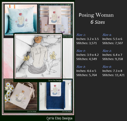 Posing Woman Machine Embroidery Design, Bathing Portrait Line Art, Feminine Body Drawing, 6 Sizes (3170)