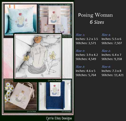 Posing Woman Machine Embroidery Design, Bathing Portrait Line Art, Feminine Body Drawing, 6 Sizes (3170)