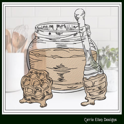 Honey Jar Machine Embroidery Design, Honeycomb Sketch Line Art, Sweet Bee Nectar Pattern, 6 Sizes (3168)