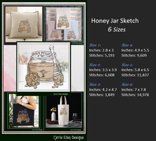 Honey Jar Machine Embroidery Design, Honeycomb Sketch Line Art, Sweet Bee Nectar Pattern, 6 Sizes (3168)