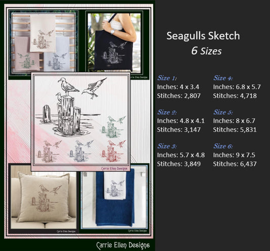 Seagull Machine Embroidery Design, Marine Bird Sketch Pattern, Sea Bird Stitch File, Coastal Beach Scene, 6 Sizes (3167)