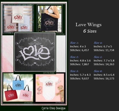 Love Machine Embroidery Design – Valentine’s Day Holiday Pattern, Romantic Doodle Wings, 6 Sizes (3136)