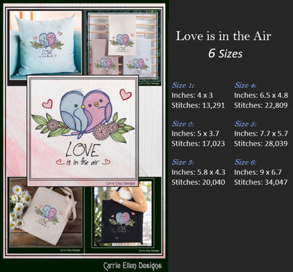 Love Bird Machine Embroidery Design – Valentine’s Day Holiday Pattern, Love Is in the Air Romantic Design, 6 Sizes (3135)