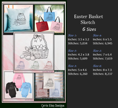 Easter Basket Machine Embroidery Sketch Design, Line Art Egg Basket, Tulip Spring Holiday Basket, 6 Sizes (3180)