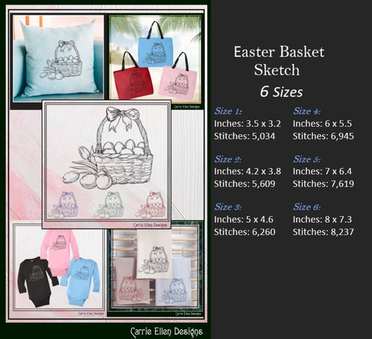 Easter Basket Machine Embroidery Sketch Design, Line Art Egg Basket, Tulip Spring Holiday Basket, 6 Sizes (3180)