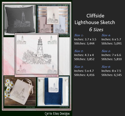 Lighthouse Embroidery Design – Cliffside Lighthouse Sketch, Coastal Island Design, 6 Sizes (3179)