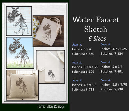 Water Faucet Sketch Machine Embroidery Design, Outdoor Spiggot Line Art Stitch Pattern, 6 Sizes (2358)