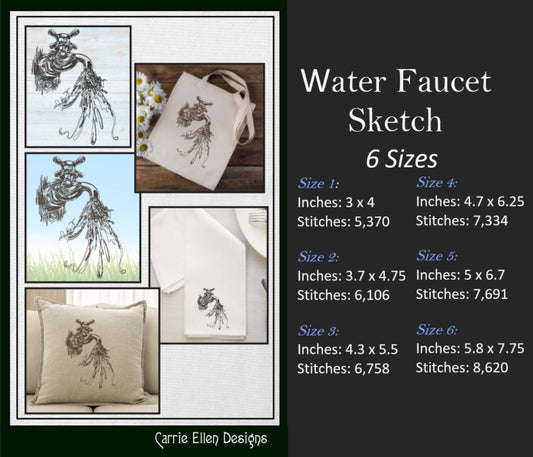 Water Faucet Sketch Machine Embroidery Design, Outdoor Spiggot Line Art Stitch Pattern, 6 Sizes (2358)