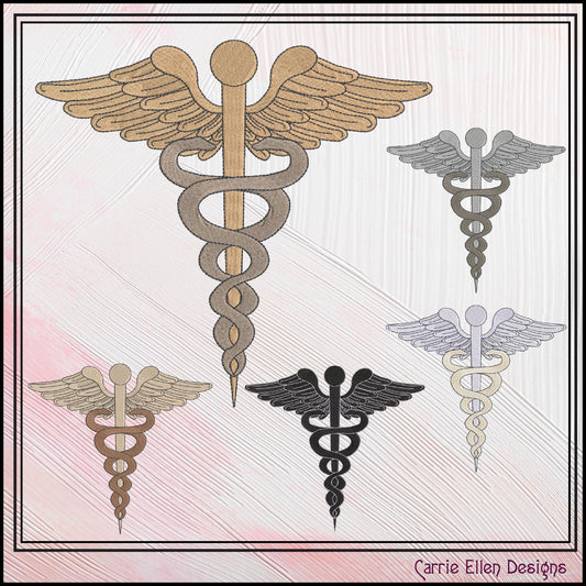 Caduceus Medical Symbol Machine Embroidery Design, Doctor Winged Staff Serpents, 6 Sizes (3152)