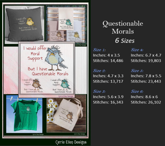 Questionable Morals Machine Embroidery Design, Grumpy Bird, Offer Moral Support Snarky Sarcastic Humor Design, 6 Sizes (3138)