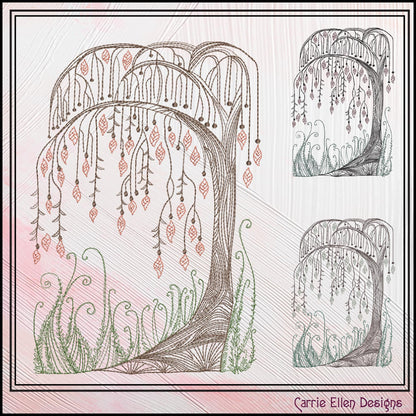 Artistic Willow Tree Machine Embroidery Design, Line Art Sketch Tree Pattern, Weeping Willow, 6 Sizes (3202)