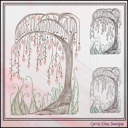 Artistic Willow Tree Machine Embroidery Design, Line Art Sketch Tree Pattern, Weeping Willow, 6 Sizes (3202)