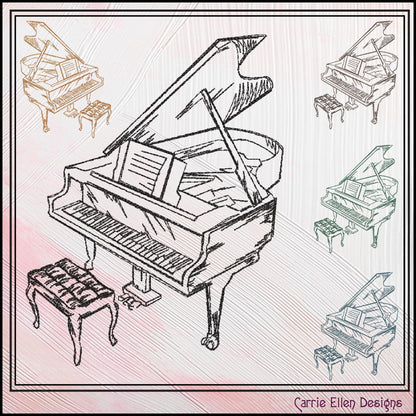 Piano Machine Embroidery Design Sketch, Musical Instrument, Baby Grand Line Art, Ivory Keyboard, 6 Sizes (3161)