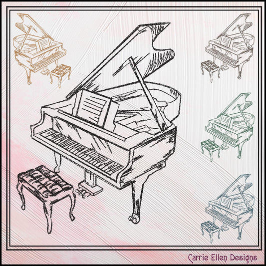 Piano Machine Embroidery Design Sketch, Musical Instrument, Baby Grand Line Art, Ivory Keyboard, 6 Sizes (3161)