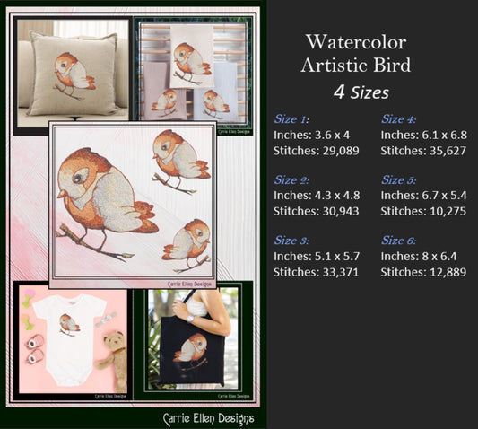 Bird Machine Embroidery Design, Artistic Watercolor Photo Stitch Bird, Nature Lover Gift, 4 Sizes (3141)
