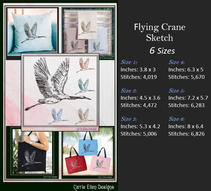 Bird Machine Embroidery Sketch Design, Flying Crane Thread Drawing, Audubon Bird Pattern, 6 Sizes (3200)