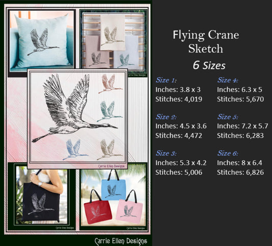 Bird Machine Embroidery Sketch Design, Flying Crane Thread Drawing, Audubon Bird Pattern, 6 Sizes (3200)