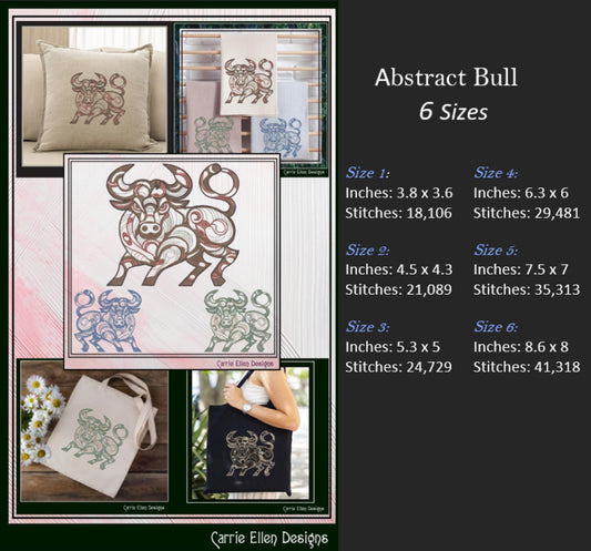 Bull Machine Embroidery Design, Artistic Horned Animal Pattern, Decorative Bull Cow, 6 Sizes (2619)