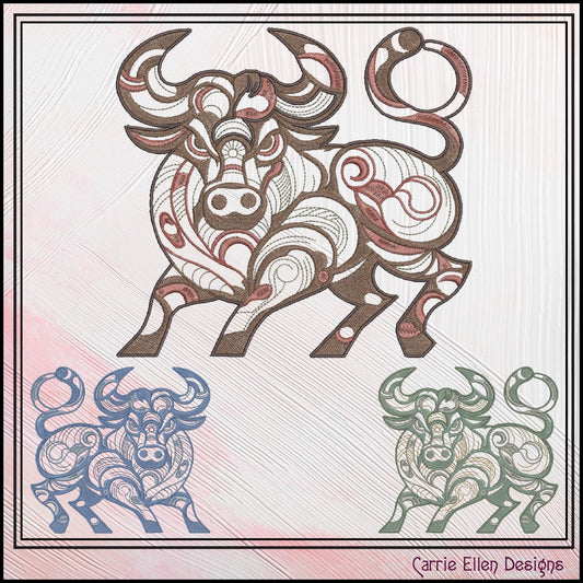 Bull Machine Embroidery Design, Artistic Horned Animal Pattern, Decorative Bull Cow, 6 Sizes (2619)