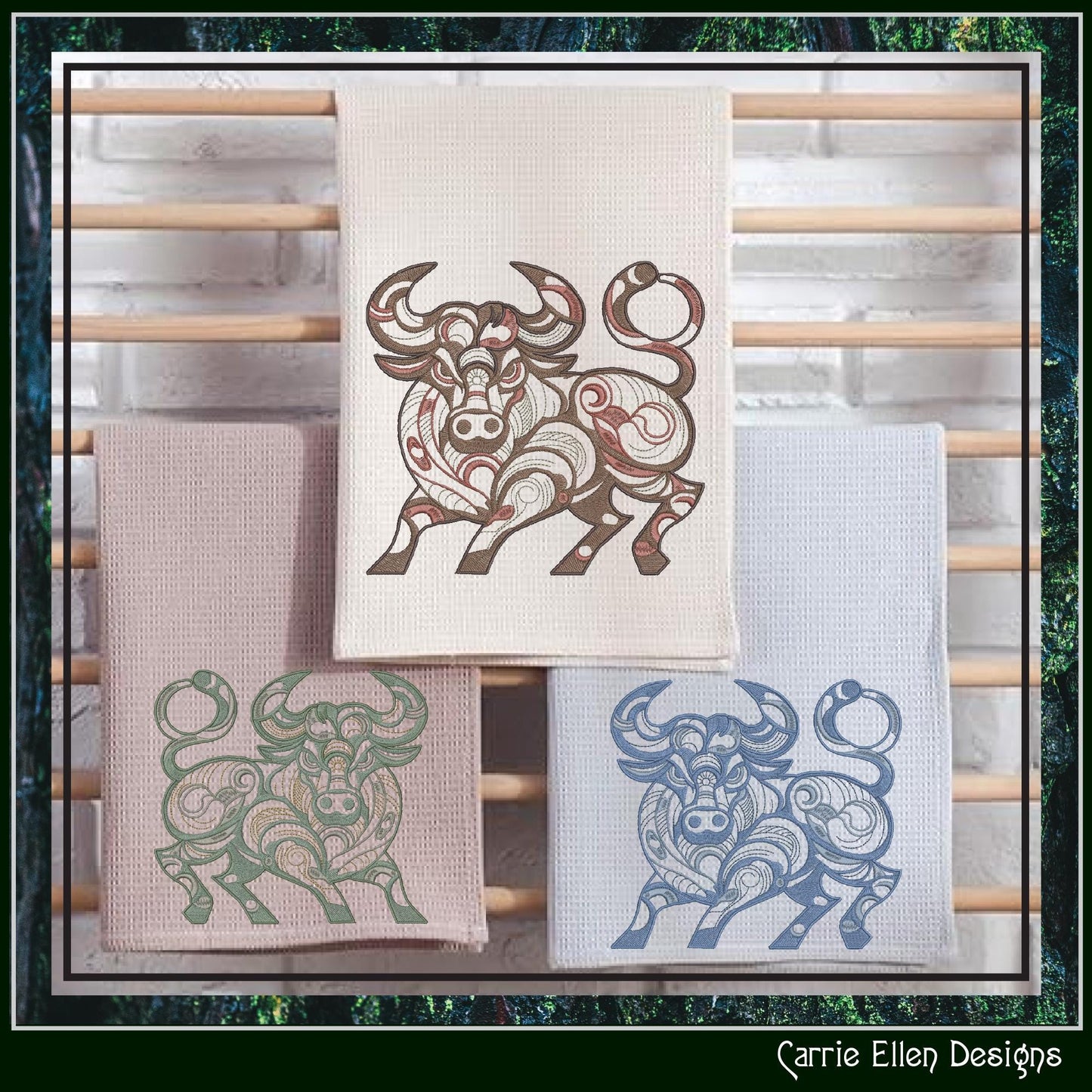 Bull Machine Embroidery Design, Artistic Horned Animal Pattern, Decorative Bull Cow, 6 Sizes (2619)