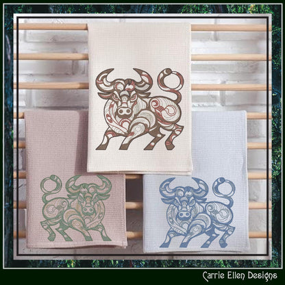 Bull Machine Embroidery Design, Artistic Horned Animal Pattern, Decorative Bull Cow, 6 Sizes (2619)