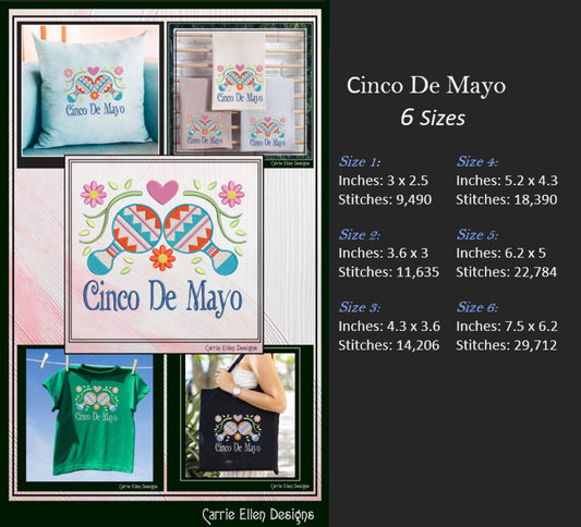 Cinco De Mayo Machine Embroidery Design, Fiesta Décor, Maraca Embroidery Pattern, Mexican Celebration, 6 Sizes (3206)