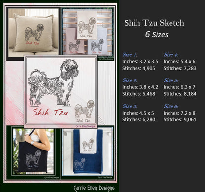 Shih Tzu Machine Embroidery Design, Dog Sketch Pattern, Dog Lover Gift, Small Dog Breed, 6 Sizes (3172)