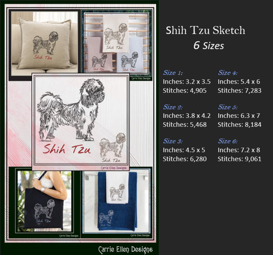 Shih Tzu Machine Embroidery Design, Dog Sketch Pattern, Dog Lover Gift, Small Dog Breed, 6 Sizes (3172)