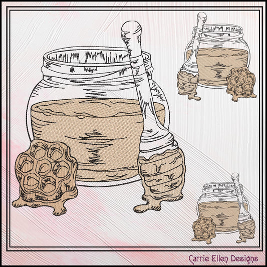 Honey Jar Machine Embroidery Design, Honeycomb Sketch Line Art, Sweet Bee Nectar Pattern, 6 Sizes (3168)