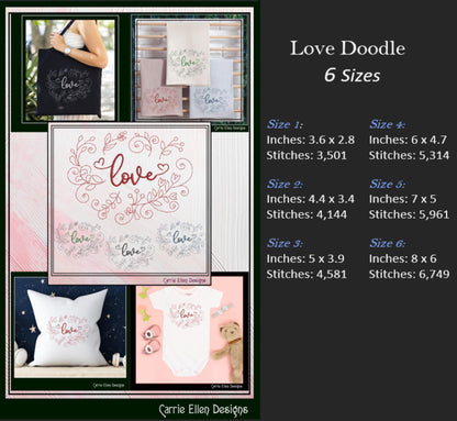 Love Machine Embroidery Design – Valentine’s Day Holiday Pattern, Romantic Doodle Floral Vines, 6 Sizes (3130)