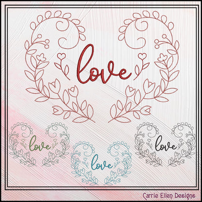 Love Machine Embroidery Design – Valentine’s Day Holiday Pattern, Romantic Heart Floral Vines, 6 Sizes (3127)