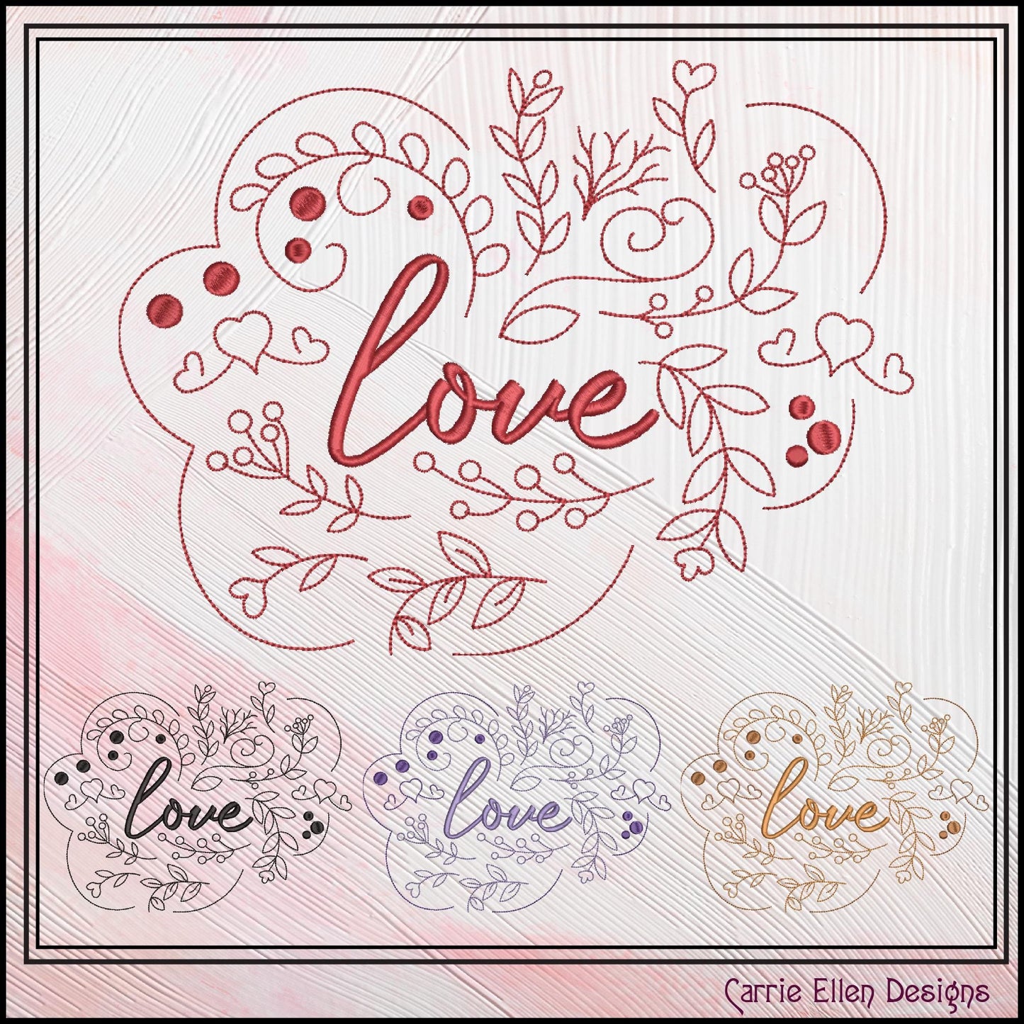 Love Machine Embroidery Design – Valentine’s Day Holiday Pattern, Romantic Doodle Floral Vines, 6 Sizes (3126)