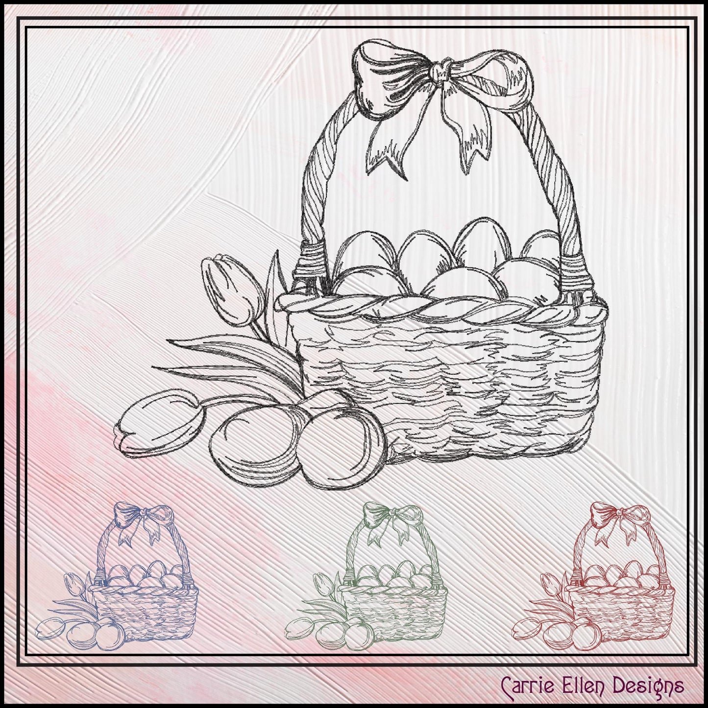 Easter Basket Machine Embroidery Sketch Design, Line Art Egg Basket, Tulip Spring Holiday Basket, 6 Sizes (3180)