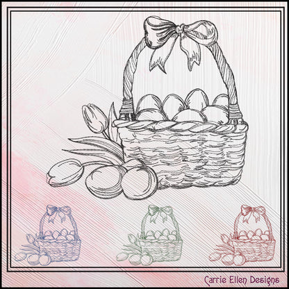 Easter Basket Machine Embroidery Sketch Design, Line Art Egg Basket, Tulip Spring Holiday Basket, 6 Sizes (3180)