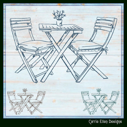 Patio Table Machine Embroidery Design, Wooden Table and Chairs Sketch Design, Relaxing Porch Seating Setting, 6 Sizes (3181)