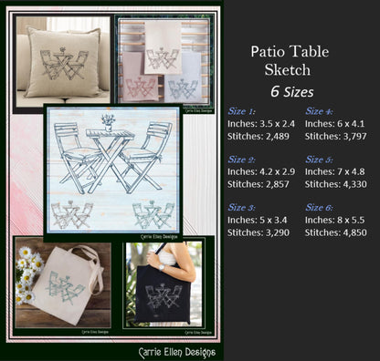 Patio Table Machine Embroidery Design, Wooden Table and Chairs Sketch Design, Relaxing Porch Seating Setting, 6 Sizes (3181)