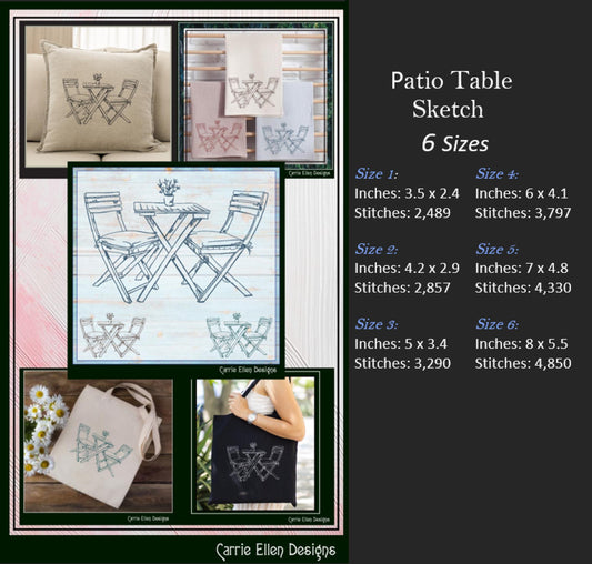 Patio Table Machine Embroidery Design, Wooden Table and Chairs Sketch Design, Relaxing Porch Seating Setting, 6 Sizes (3181)
