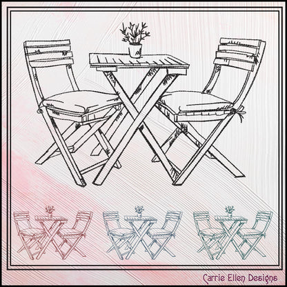 Patio Table Machine Embroidery Design, Wooden Table and Chairs Sketch Design, Relaxing Porch Seating Setting, 6 Sizes (3181)