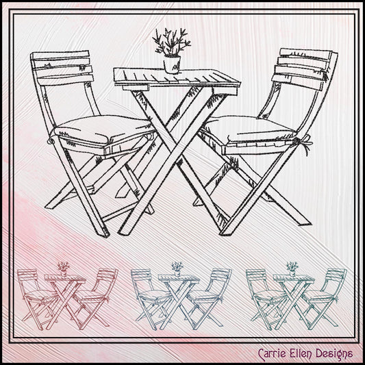 Patio Table Machine Embroidery Design, Wooden Table and Chairs Sketch Design, Relaxing Porch Seating Setting, 6 Sizes (3181)