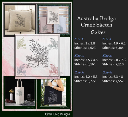 Bird Machine Embroidery Sketch Design, Australian Brolga Crane Thread Drawing, Wading Audubon Bird Pattern, 6 Sizes (3201)