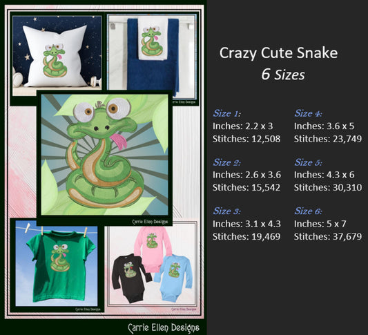 Snake Machine Embroidery Design, Cute Crazy Snake Embroidery Pattern, Free Hugs Cartoon Snake, 6 Sizes (3204)