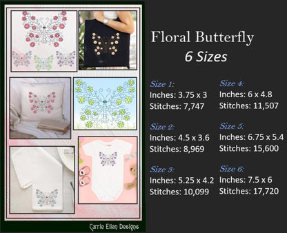 Butterfly Machine Embroidery Design, Floral Winged Decorative Butterfly Pattern, 6 Sizes (2258)