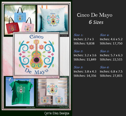 Cinco De Mayo Machine Embroidery Design, Fiesta Décor, Festive Guitar Embroidery Pattern, Mexican Celebration, 6 Sizes (3208)