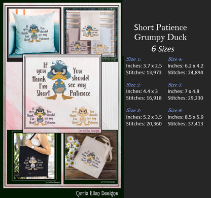 Grumpy Duck with Attitude Embroidery Design Saying, Short Patience Snarky Saying, Funny Quotes, 6 Sizes (3247)