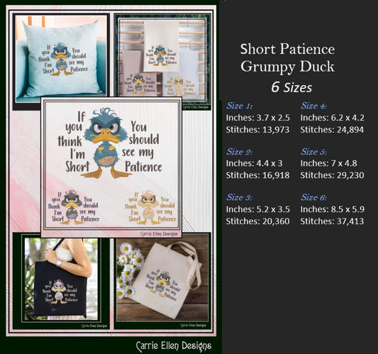 Grumpy Duck with Attitude Embroidery Design Saying, Short Patience Snarky Saying, Funny Quotes, 6 Sizes (3247)