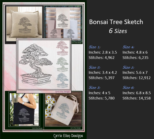 Bonsai Tree Machine Embroidery Sketch Line Art Design, Japanese Mini Potted Tree, Garden Design, 6 Sizes (3210)