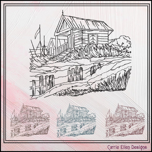 Beach Shack Sketch Machine Embroidery Design, Seaside Sand Dunes Coastal Line Art Landscape Design, 6 Sizes (3178)