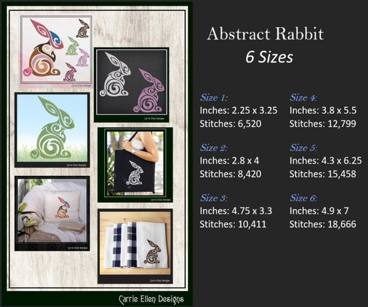 Rabbit Machine Embroidery Design, Abstract Rabbit with Swirls, Easter Bunny Pattern, 6 Sizes (2315)