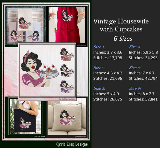 Housewife with Cupcakes Machine Embroidery Design, Vintage Woman with Baked Cakes, 50s Classic Mom, 6 Sizes (3280)
