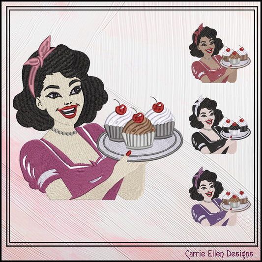 Housewife with Cupcakes Machine Embroidery Design, Vintage Woman with Baked Cakes, 50s Classic Mom, 6 Sizes (3280)